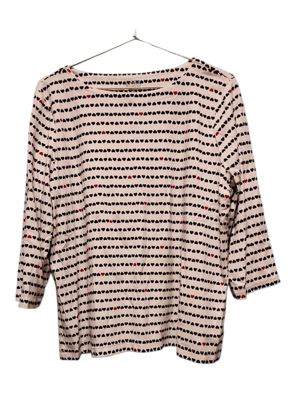 Women’s Cream Red And Black Heart-Print Stripes 3/4 Sleeve Top PXXL